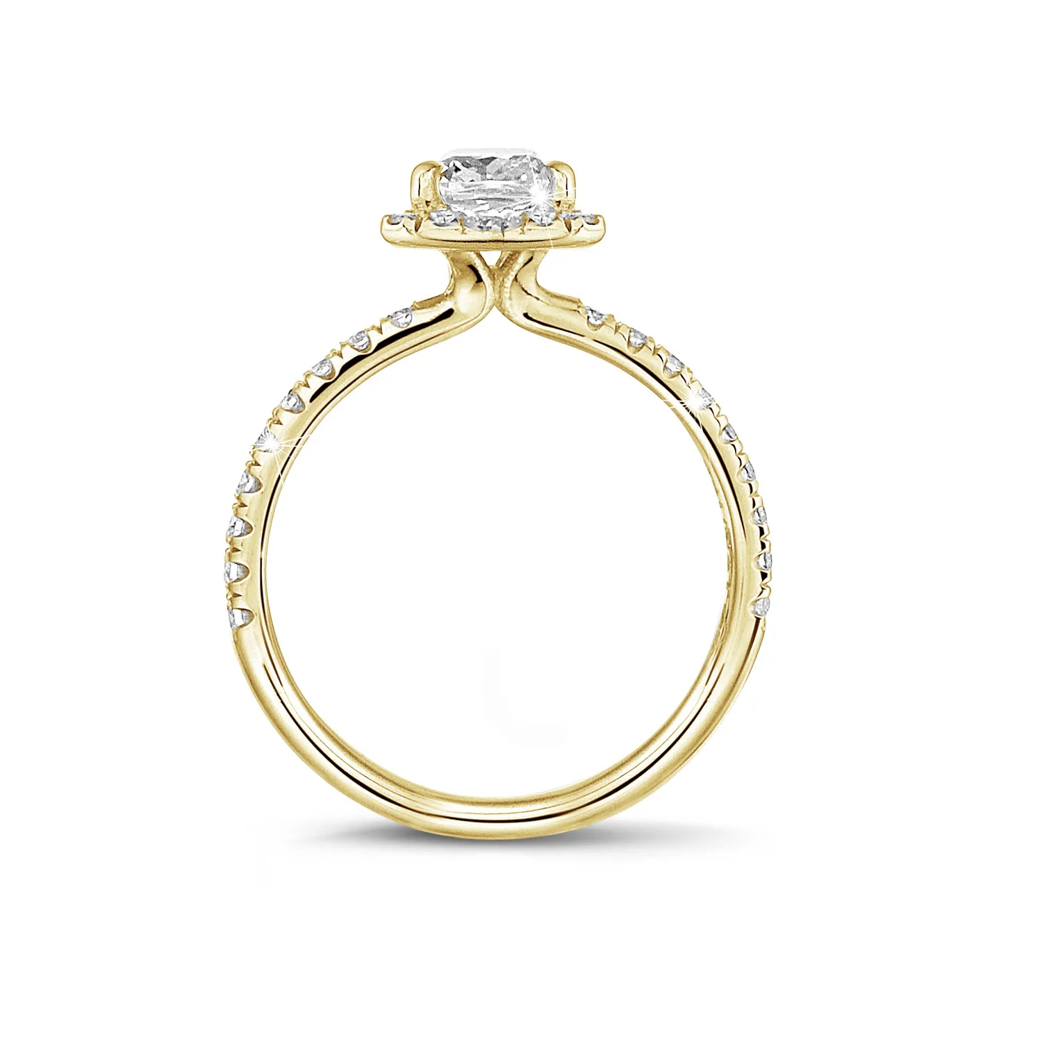1.00 quilates halo anillo solitario con diamante talla esmeralda en oro amarillo con diamantes redondos 