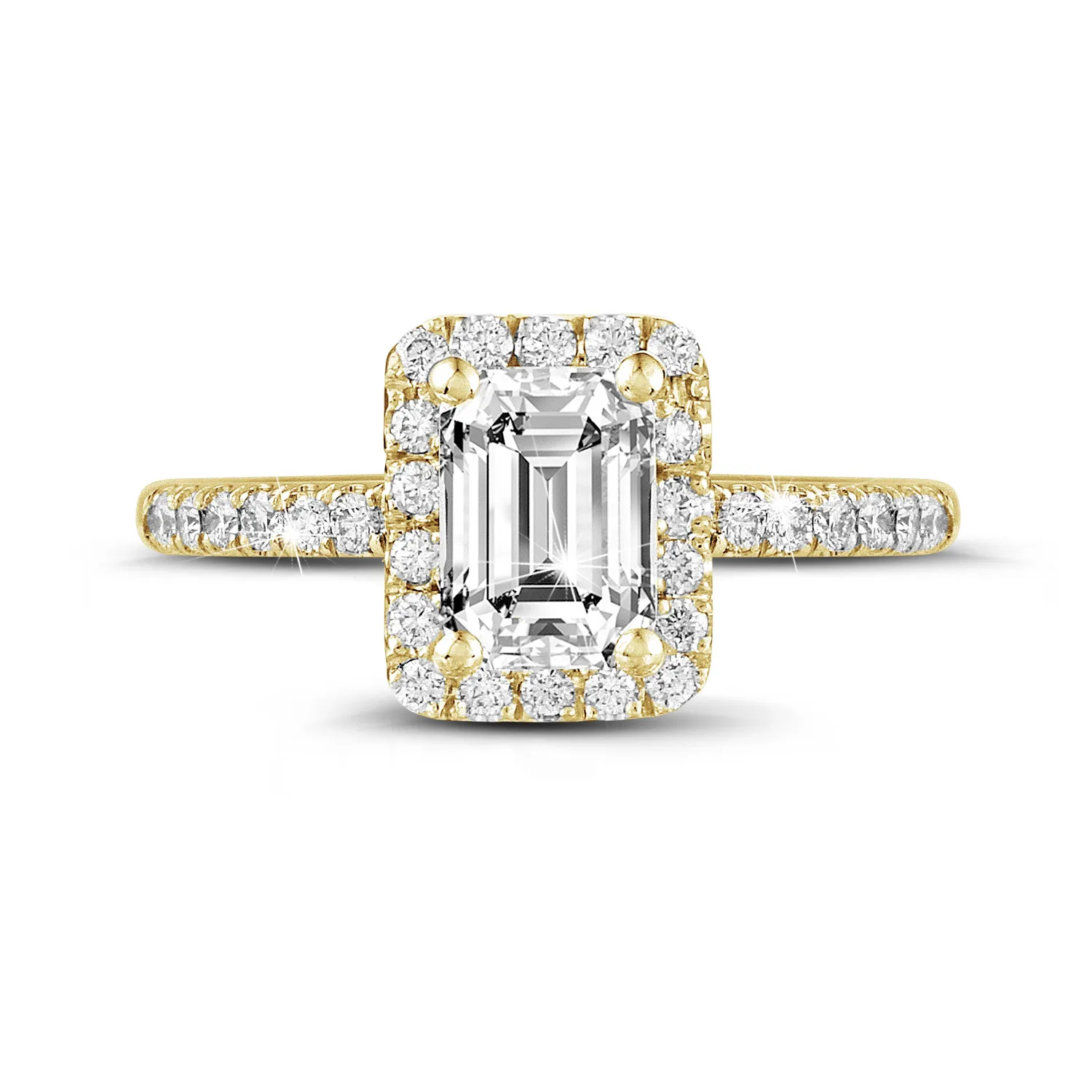 1.00 quilates halo anillo solitario con diamante talla esmeralda en oro amarillo con diamantes redondos 