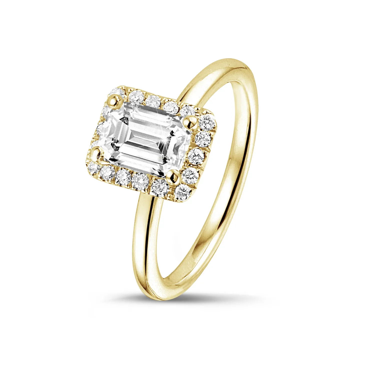 2.00 quilates halo anillo solitario con diamante talla esmeralda en oro amarillo con diamantes redondos 