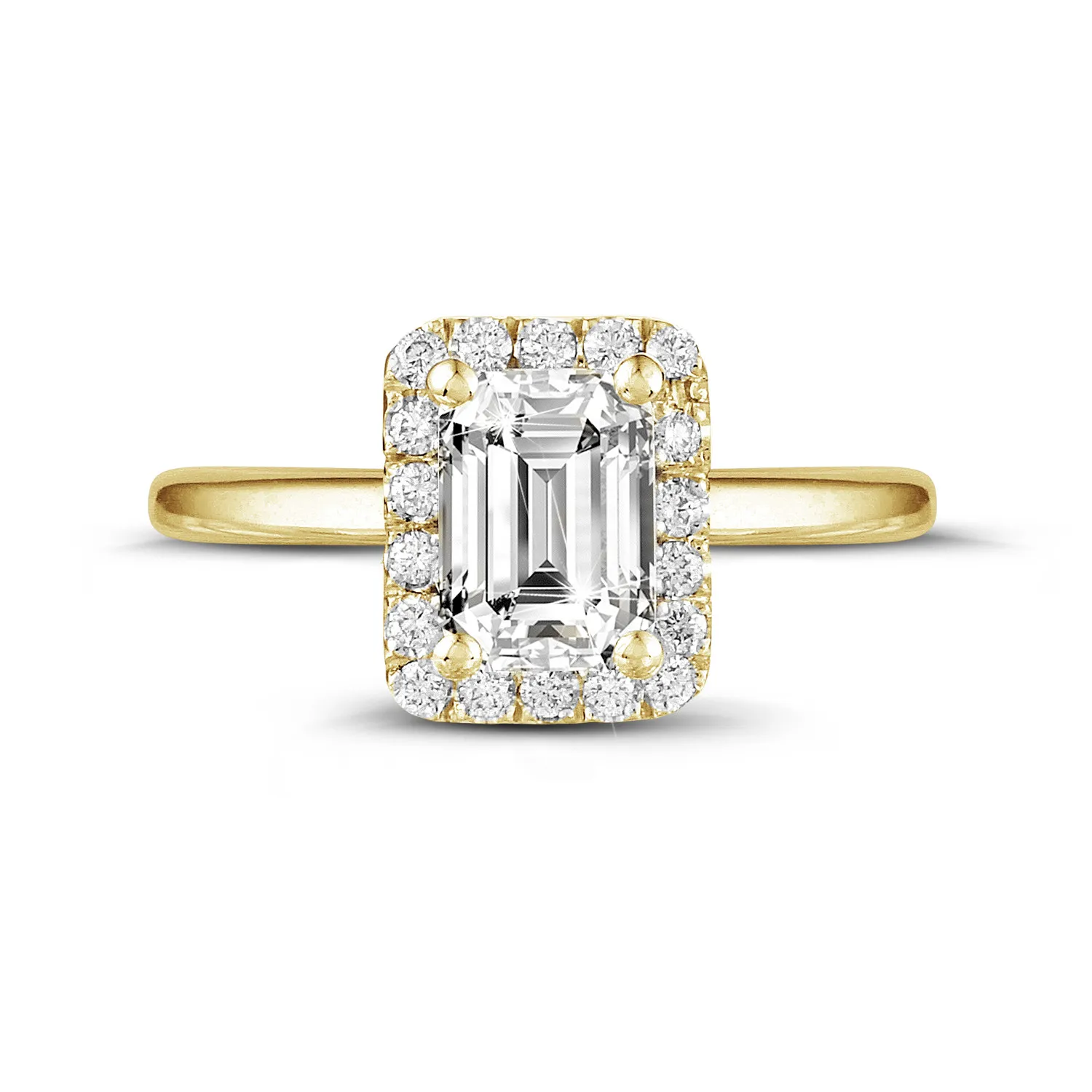 2.00 quilates halo anillo solitario con diamante talla esmeralda en oro amarillo con diamantes redondos 
