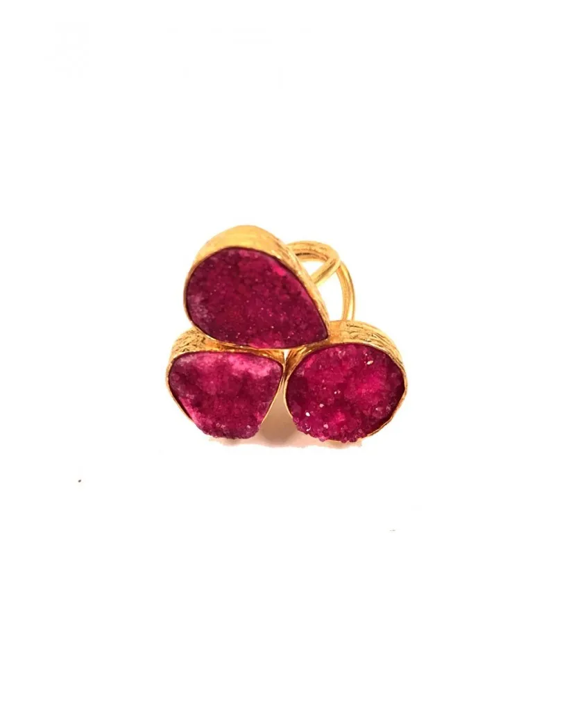 ANILLO FUCSIA TRES PIEDRAS DRUSAS