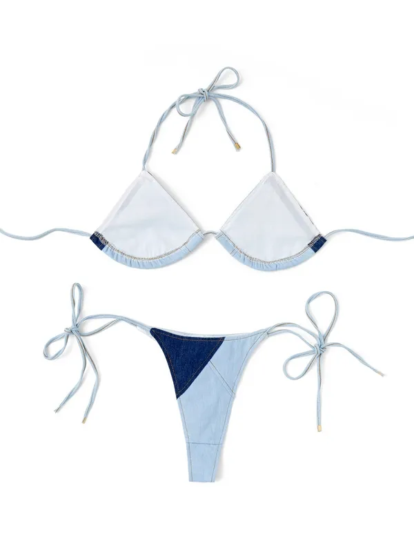 Bikinis de triángulo con cuello halter y empalme de mezclilla