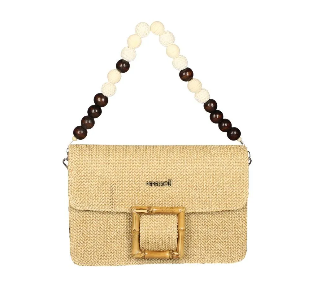 Bolso Rafia Taupe Hebilla Bambu Asa Bolas Madera