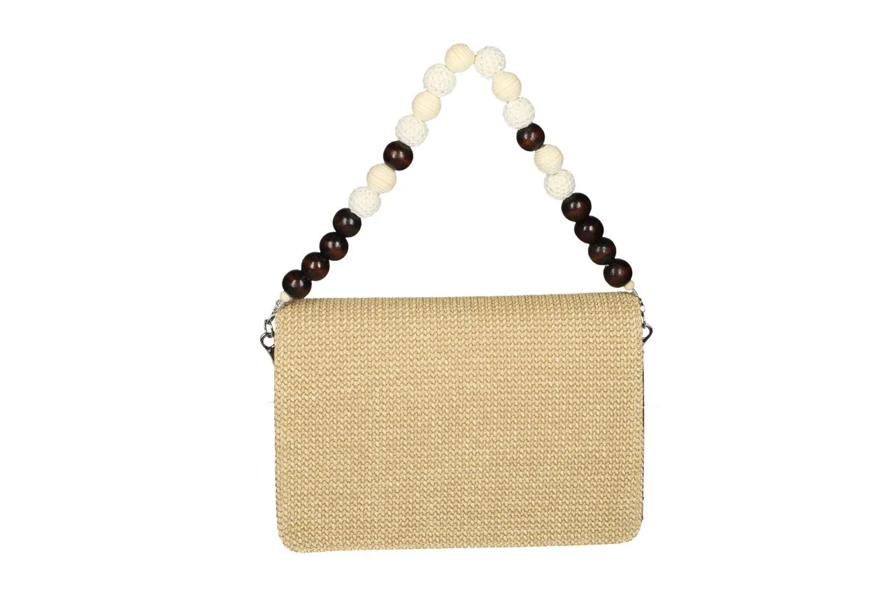 Bolso Rafia Taupe Hebilla Bambu Asa Bolas Madera