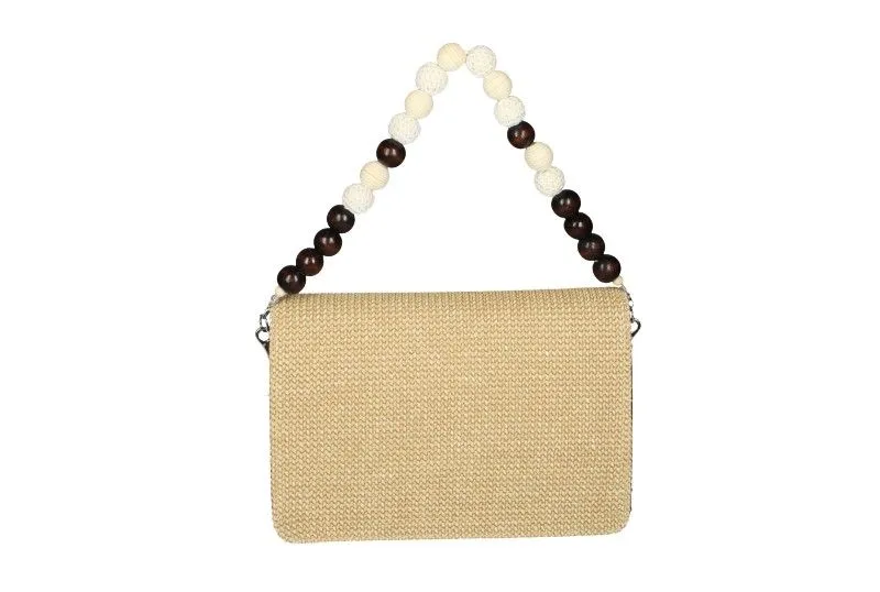 Bolso Rafia Taupe Hebilla Bambu Asa Bolas Madera