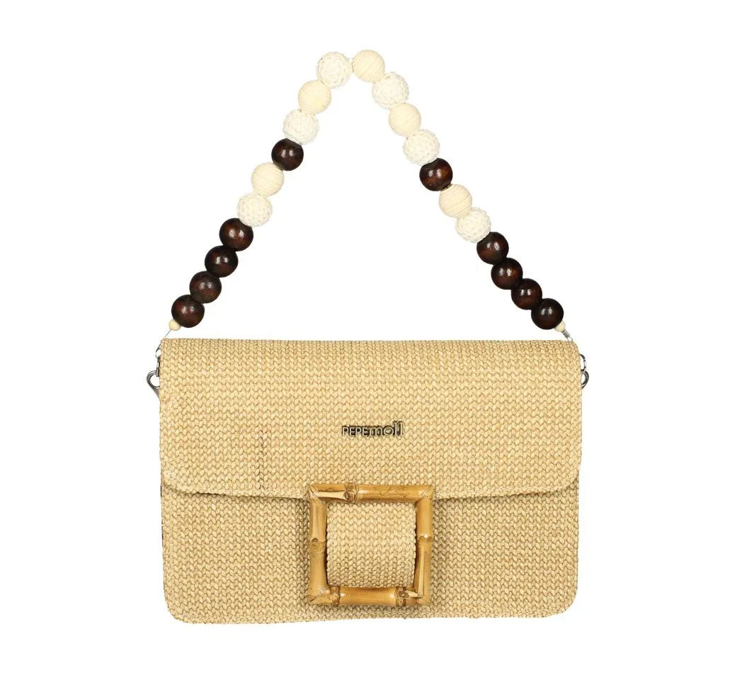 Bolso Rafia Taupe Hebilla Bambu Asa Bolas Madera