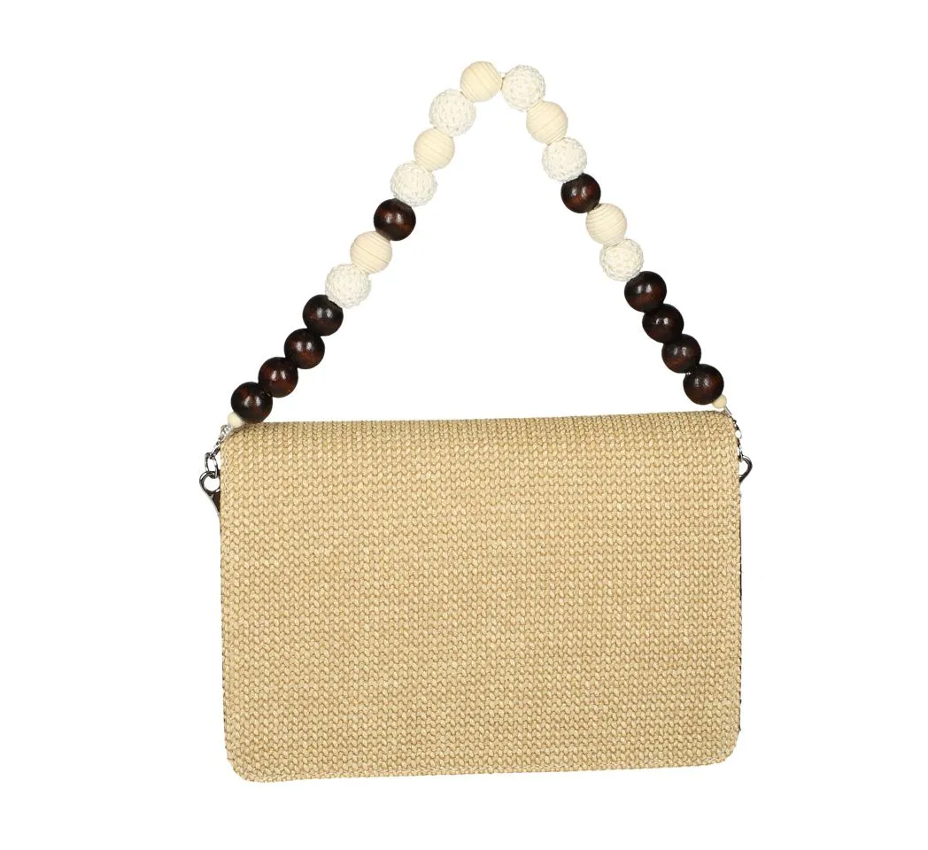Bolso Rafia Taupe Hebilla Bambu Asa Bolas Madera