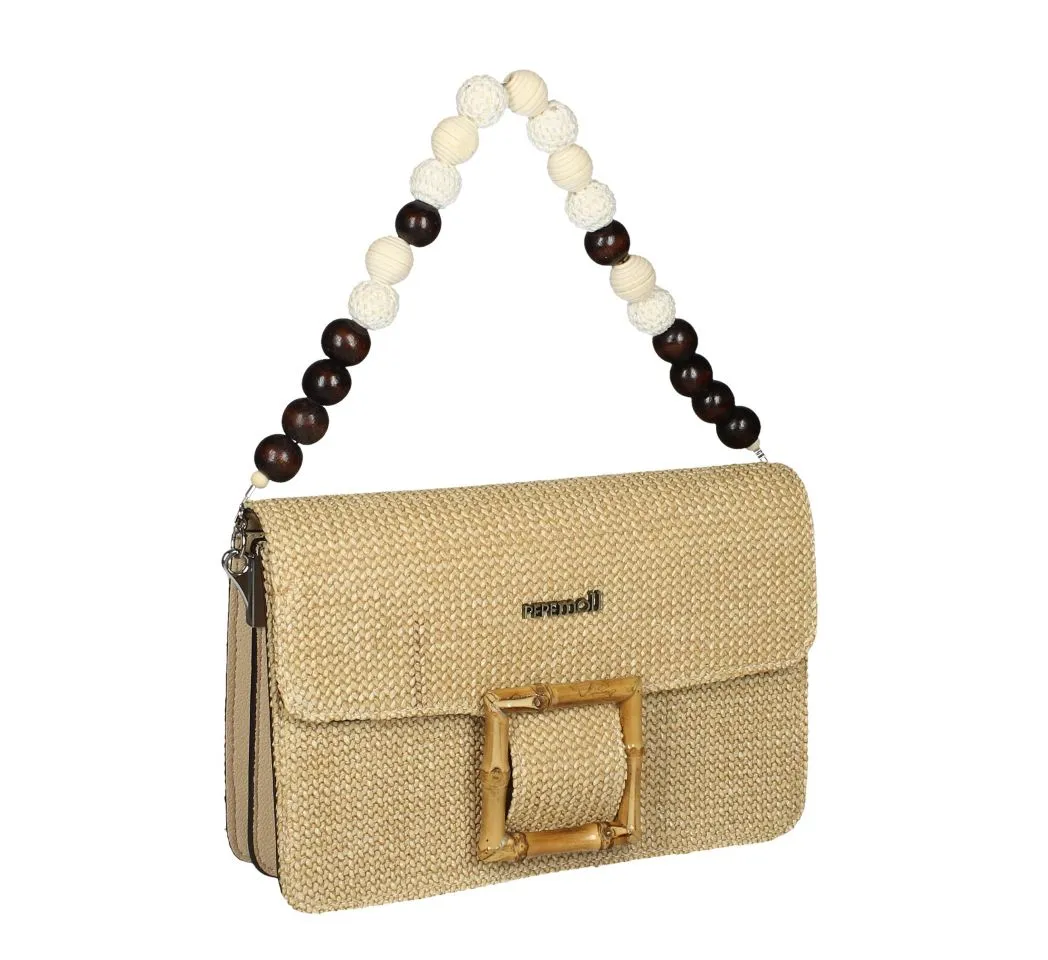 Bolso Rafia Taupe Hebilla Bambu Asa Bolas Madera