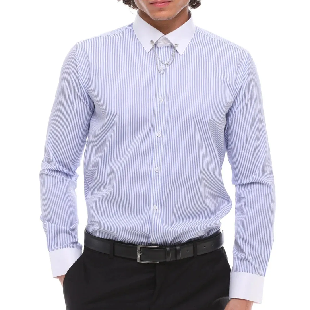 Botón de rayas para hombres Down Poplin Shirt con bar y cadena Formal Classic