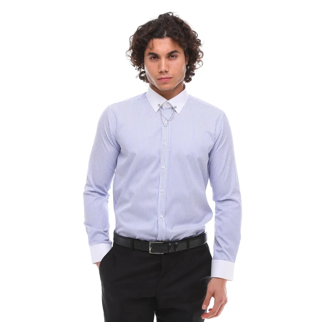 Botón de rayas para hombres Down Poplin Shirt con bar y cadena Formal Classic