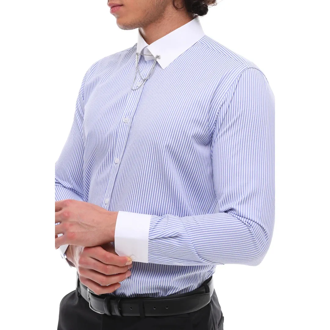 Botón de rayas para hombres Down Poplin Shirt con bar y cadena Formal Classic