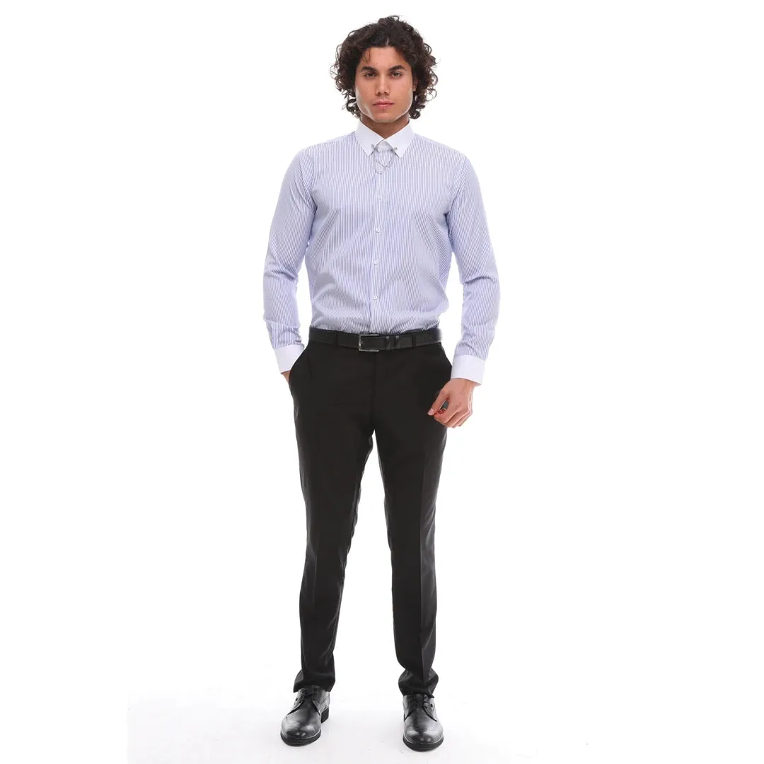 Botón de rayas para hombres Down Poplin Shirt con bar y cadena Formal Classic