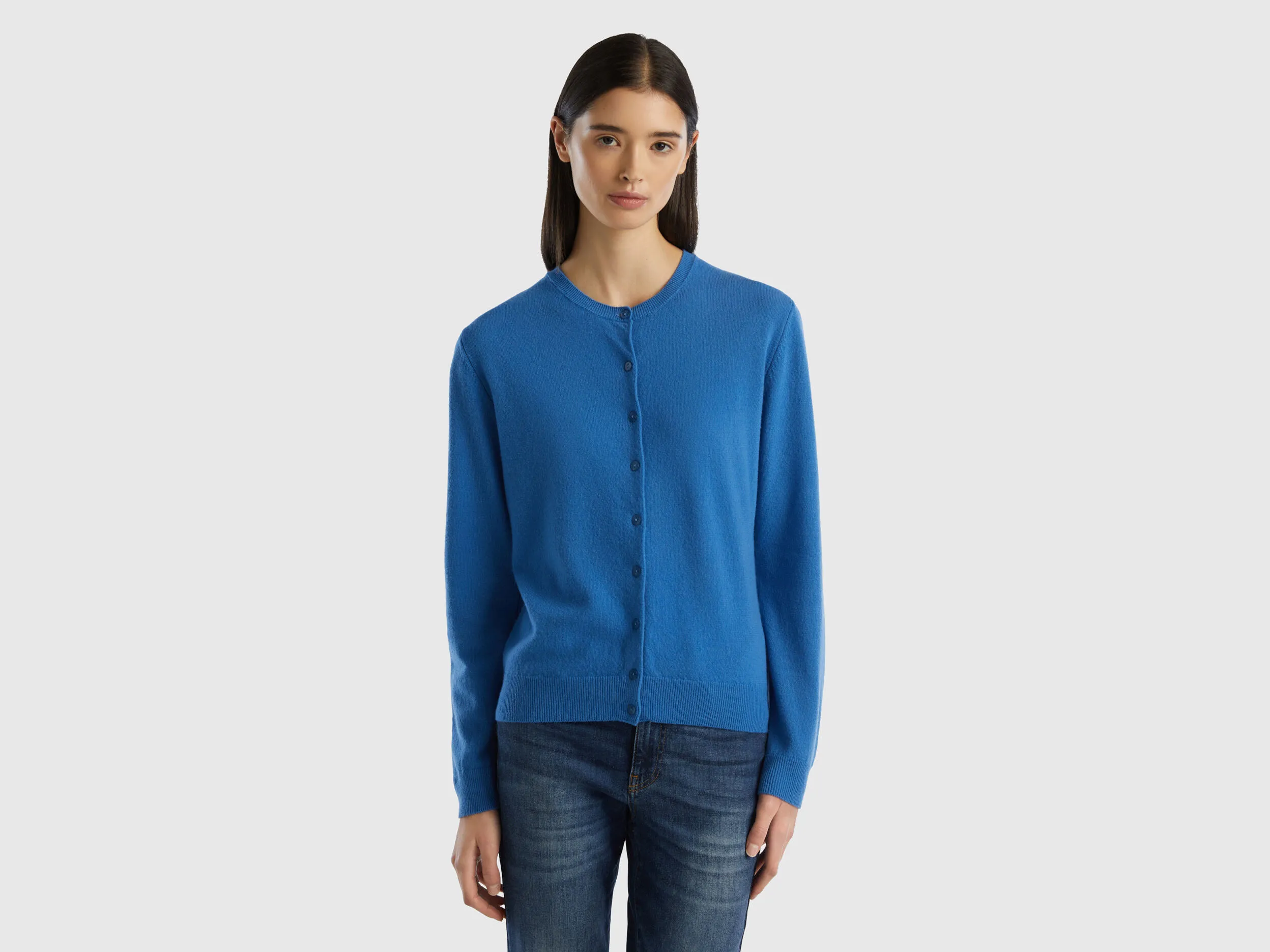 Cárdigan de cuello redondo azul oscuro de pura lana merina
