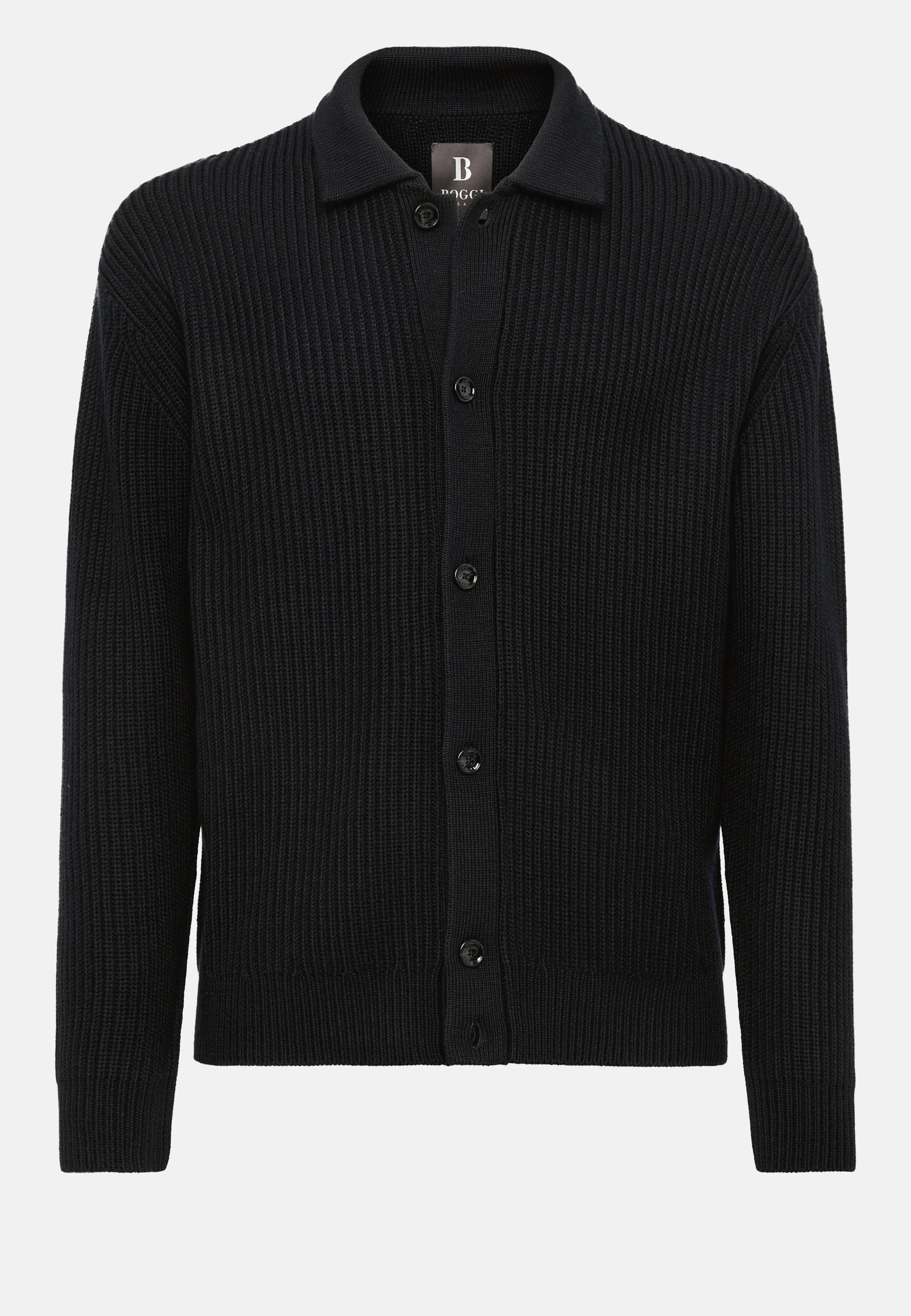 Cárdigan Negro Cuello Camisero De Lana Merina