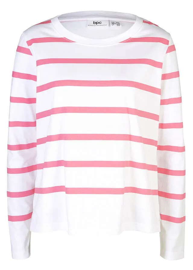 Camisa de algodón orgánico con manga larga Blanco/rosa flamenco con rayas horizontales