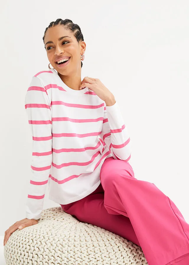 Camisa de algodón orgánico con manga larga Blanco/rosa flamenco con rayas horizontales