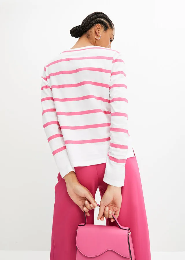 Camisa de algodón orgánico con manga larga Blanco/rosa flamenco con rayas horizontales