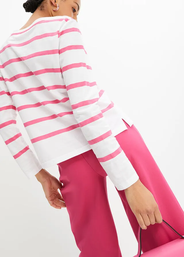 Camisa de algodón orgánico con manga larga Blanco/rosa flamenco con rayas horizontales
