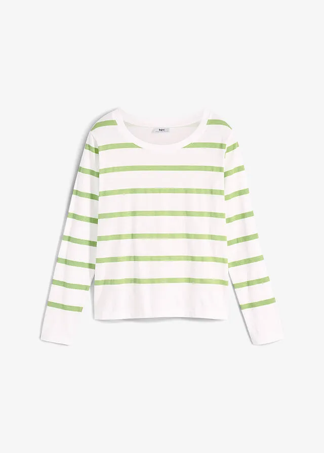Camisa de algodón orgánico con manga larga Blanco/verde pera de rayas horizontales