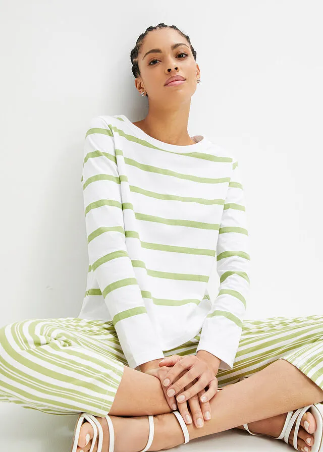 Camisa de algodón orgánico con manga larga Blanco/verde pera de rayas horizontales