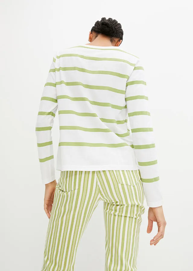 Camisa de algodón orgánico con manga larga Blanco/verde pera de rayas horizontales