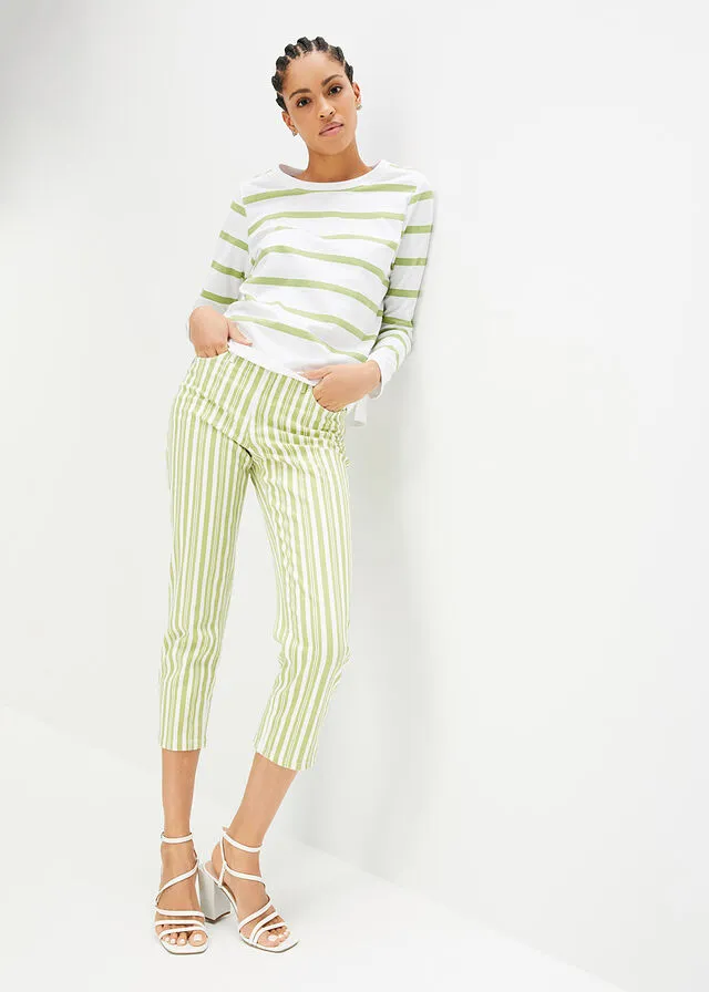 Camisa de algodón orgánico con manga larga Blanco/verde pera de rayas horizontales
