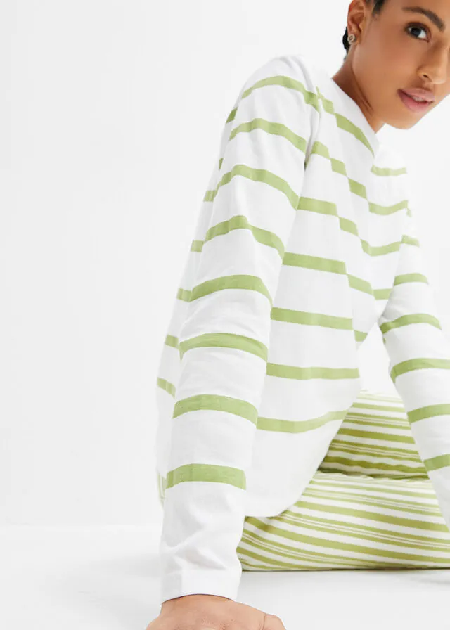 Camisa de algodón orgánico con manga larga Blanco/verde pera de rayas horizontales