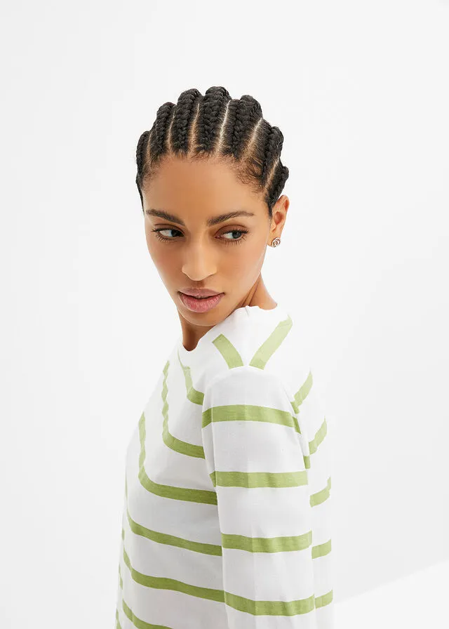 Camisa de algodón orgánico con manga larga Blanco/verde pera de rayas horizontales