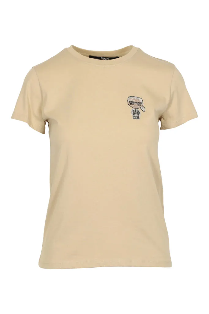 Camiseta camel con mini dibujo en strass