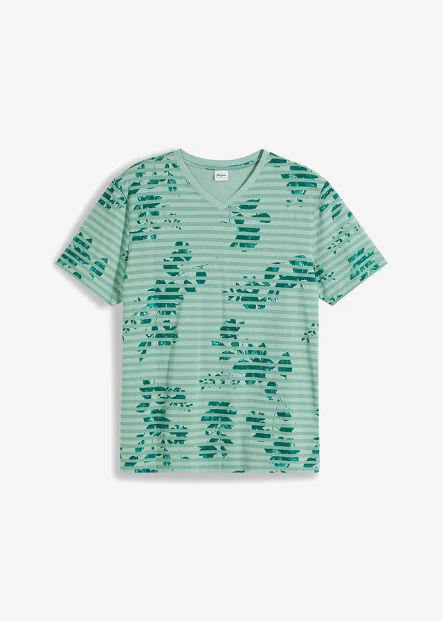Camiseta con escote en V Verde de rayas horizontales