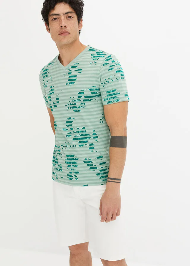 Camiseta con escote en V Verde de rayas horizontales