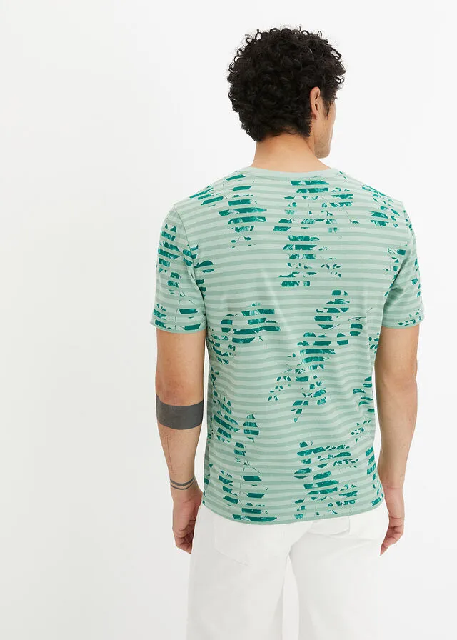 Camiseta con escote en V Verde de rayas horizontales
