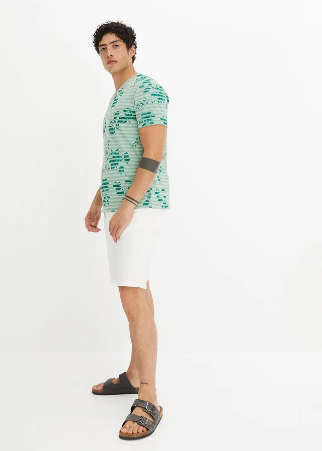 Camiseta con escote en V Verde de rayas horizontales