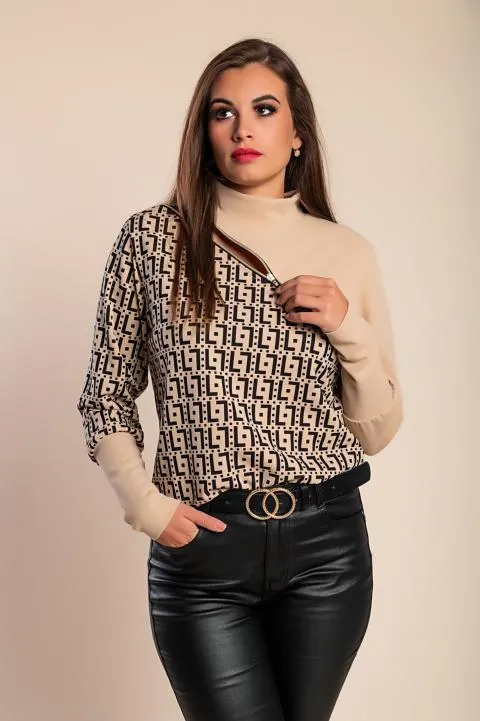 CAMISETA CON ESTAMPADO GEOMéTRICO Y CREMALLERA MATTINA, BEIGENEGRO