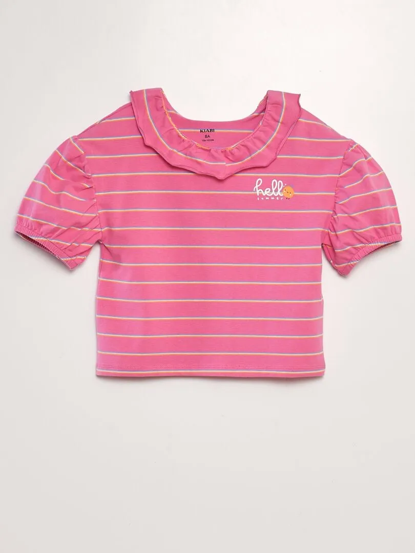 CAMISETA CON VOLANTE EN EL CUELLO  ROSA