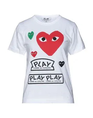 CDG PLAY RED AND GREEN HEART WHITE LOGO TSHIRT