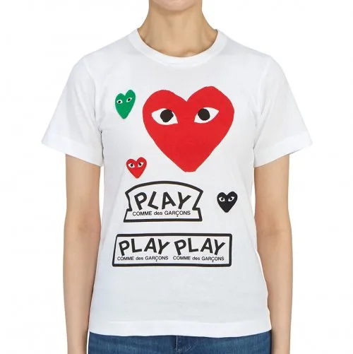 CDG PLAY RED AND GREEN HEART WHITE LOGO TSHIRT