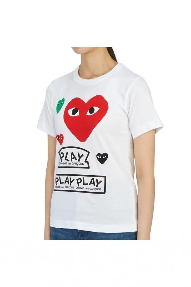 CDG PLAY RED AND GREEN HEART WHITE LOGO TSHIRT