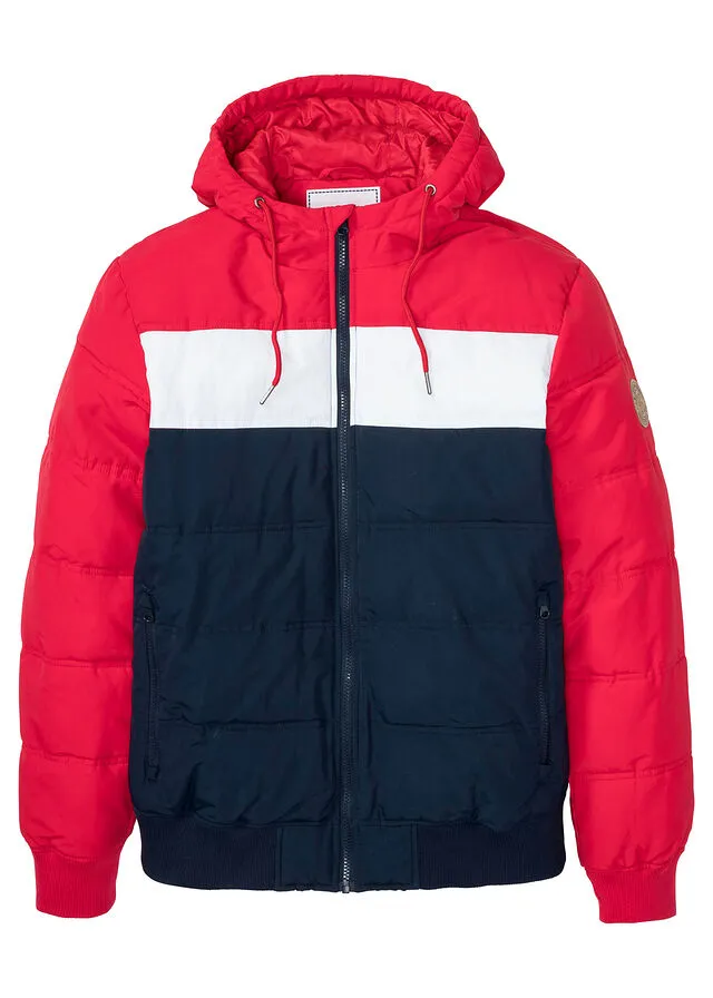 Chaqueta guateada de invierno con capucha Rojo/blanco/azul oscuro de rayas horizontales