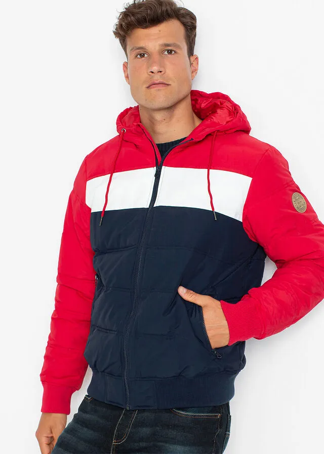Chaqueta guateada de invierno con capucha Rojo/blanco/azul oscuro de rayas horizontales