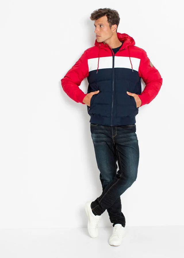 Chaqueta guateada de invierno con capucha Rojo/blanco/azul oscuro de rayas horizontales