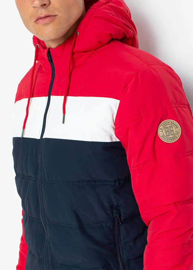 Chaqueta guateada de invierno con capucha Rojo/blanco/azul oscuro de rayas horizontales