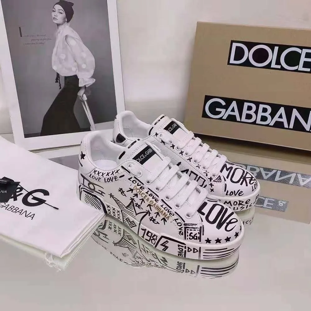Dolce Gabbana Zapatillas Portofino D&G unisex de piel de becerro pintadas a mano