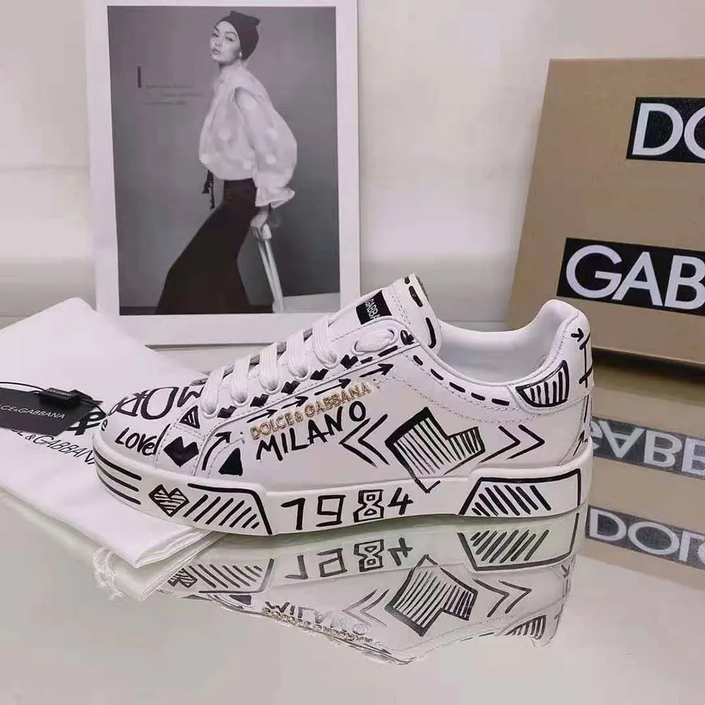 Dolce Gabbana Zapatillas Portofino D&G unisex de piel de becerro pintadas a mano