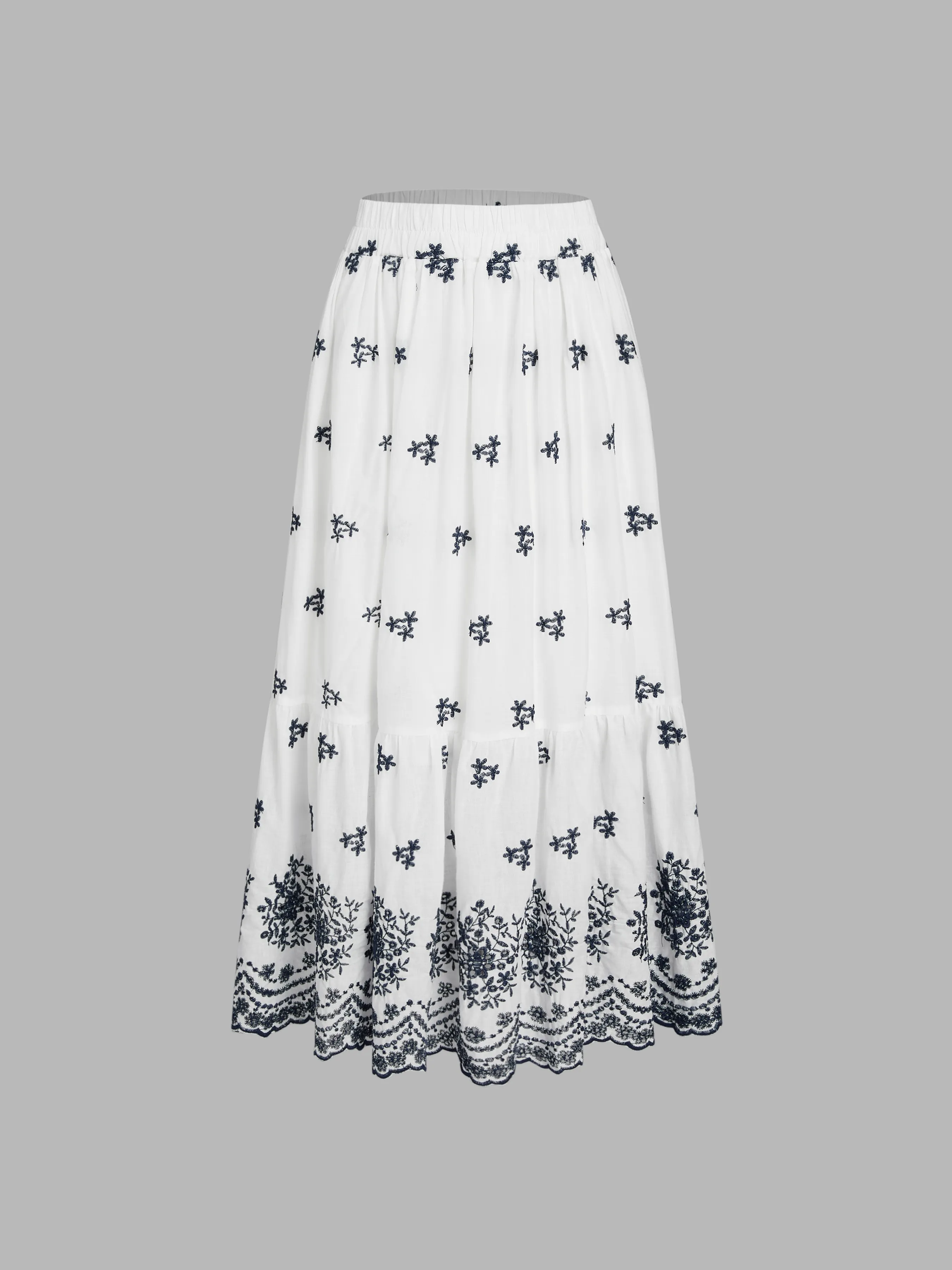 Falda Maxi con Volantes Florales de Cintura Media para Vacaciones en la Playa de Santorini