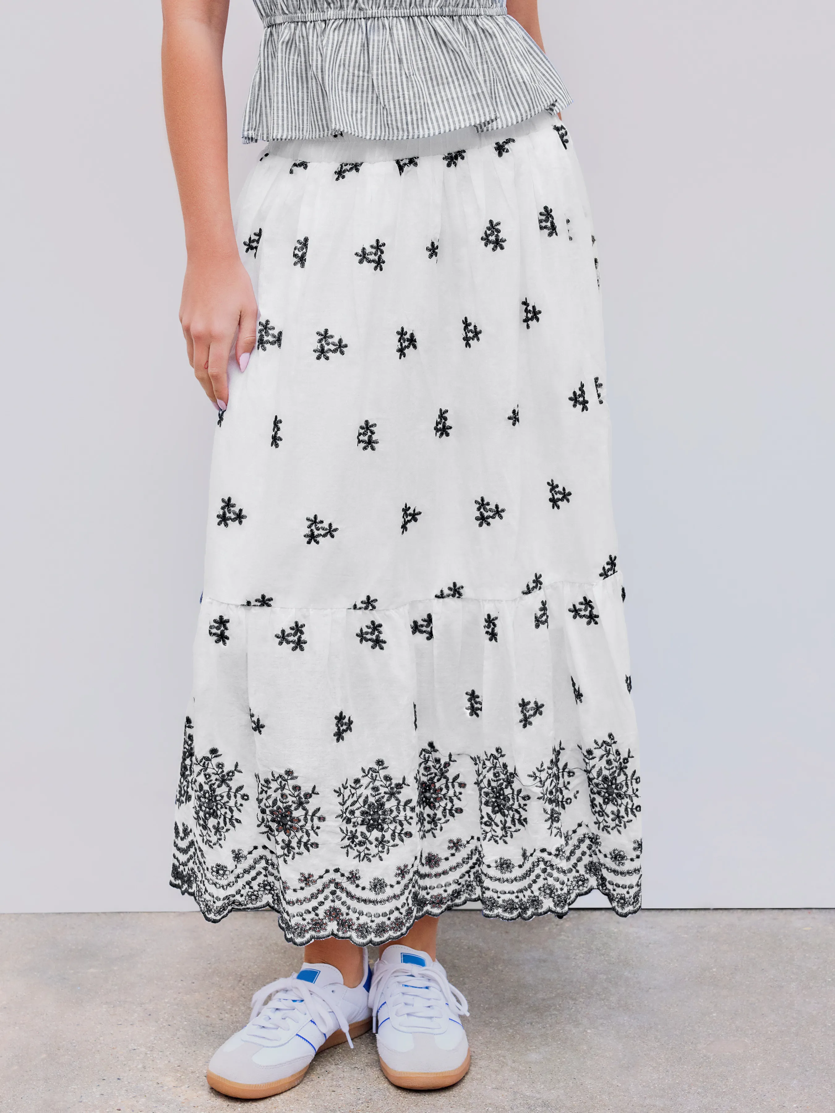 Falda Maxi con Volantes Florales de Cintura Media para Vacaciones en la Playa de Santorini