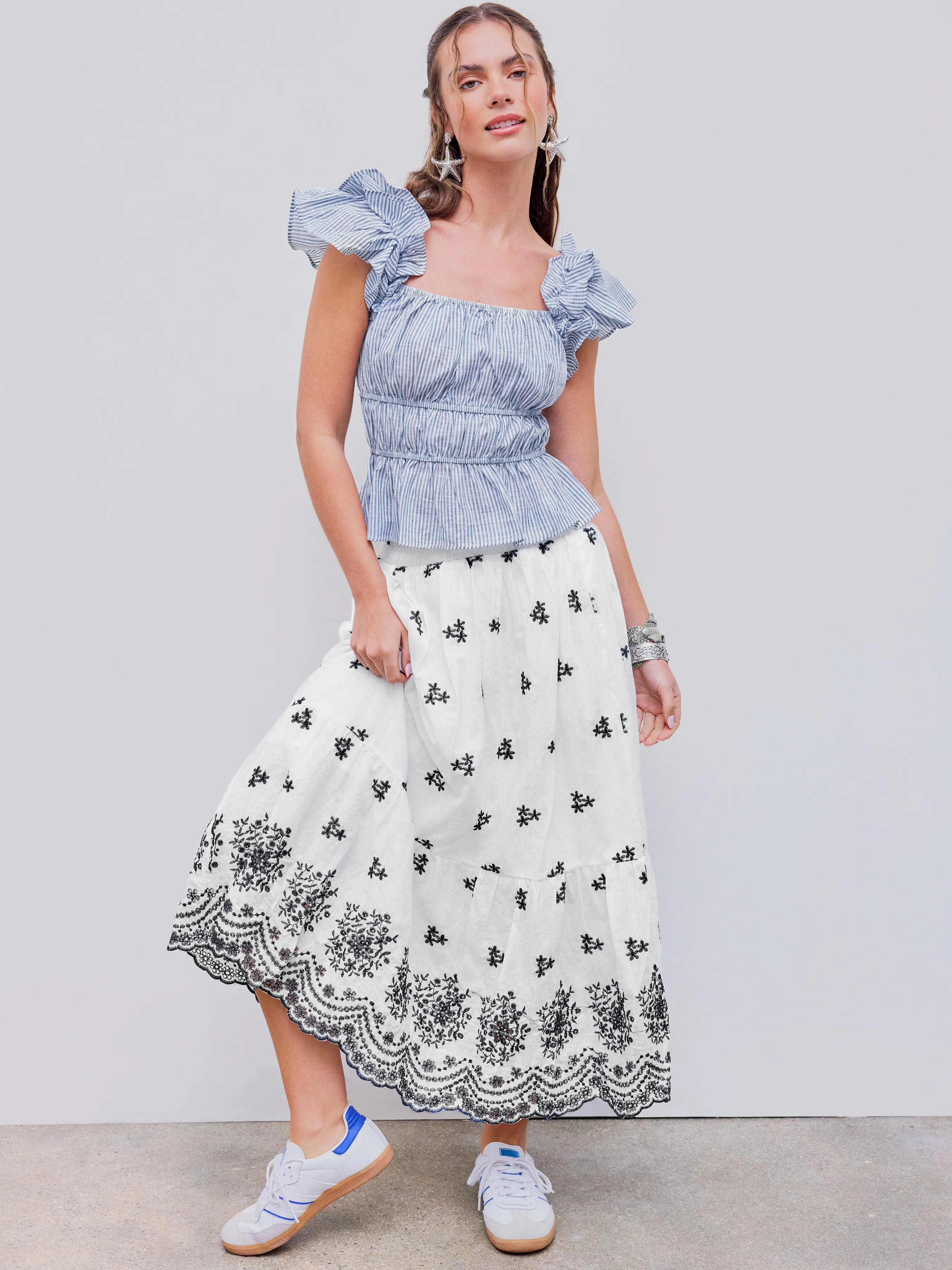 Falda Maxi con Volantes Florales de Cintura Media para Vacaciones en la Playa de Santorini