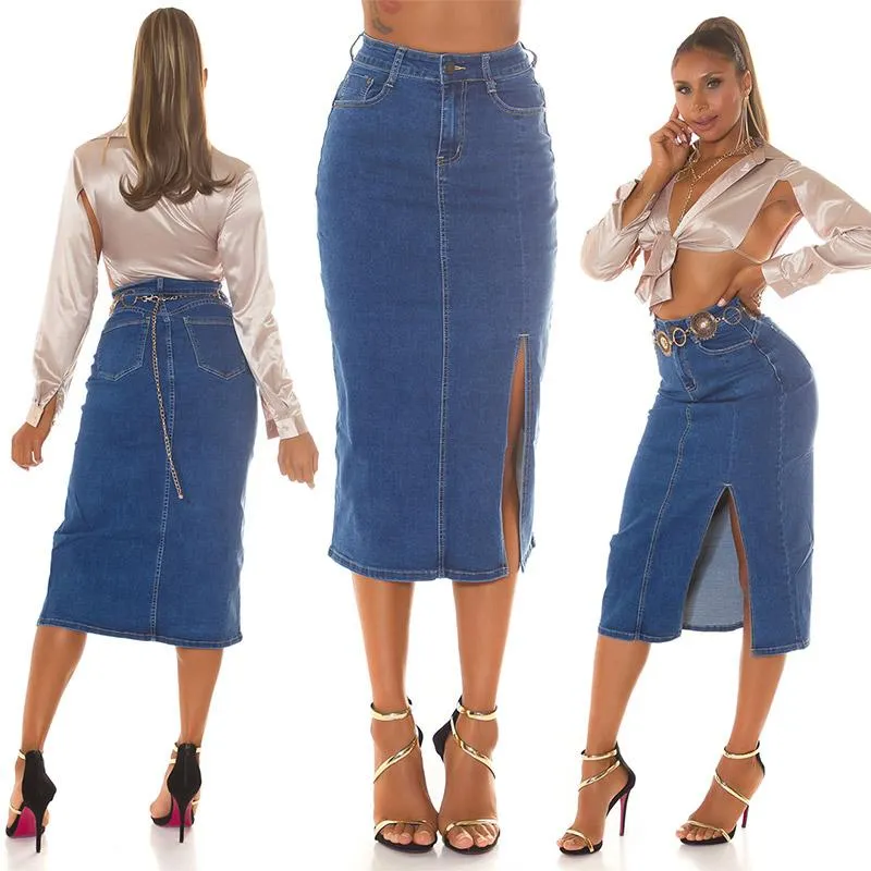 Falda midi vaquera azul de cintura alta
