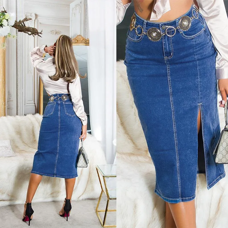 Falda midi vaquera azul de cintura alta