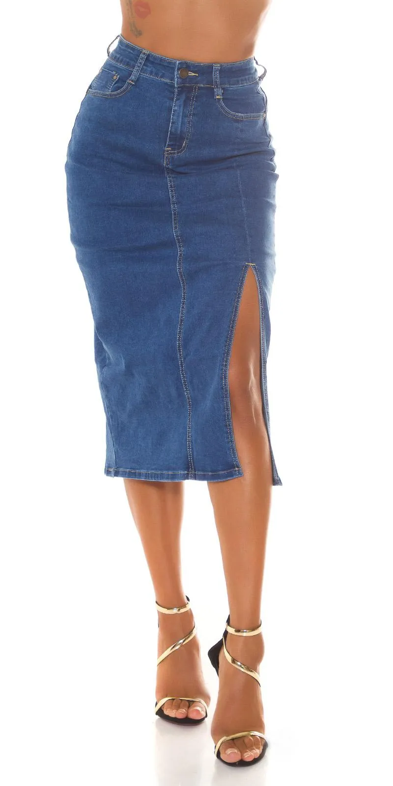 Falda midi vaquera azul de cintura alta